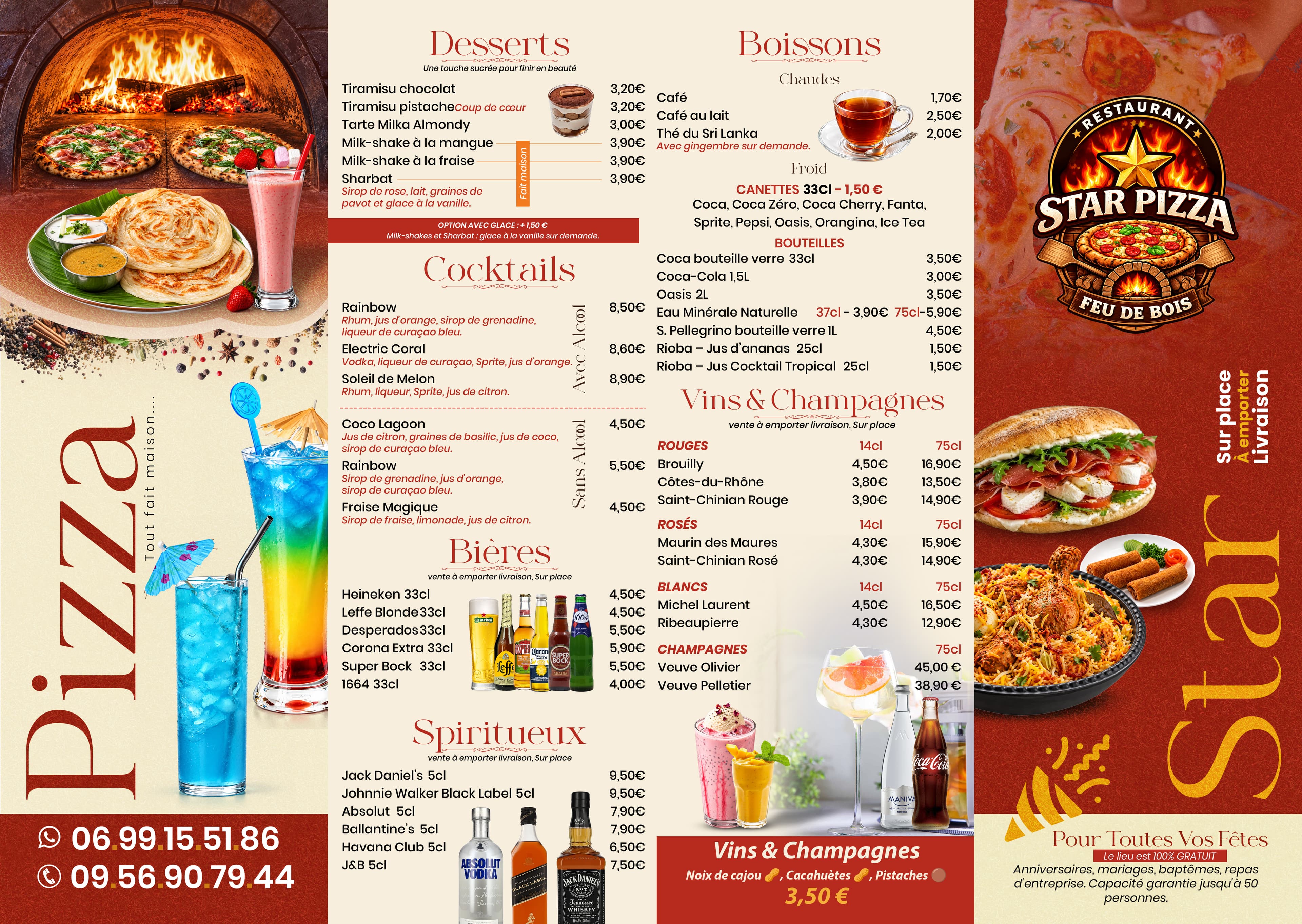 Menu Star Pizza - Desserts, Boissons, Cocktails